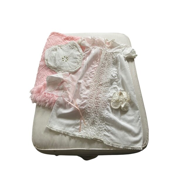 Vintage 1970’s Baby Girl Christening/Baptism Dress Set White/Pink Size 9-12 mos. - Picture 1 of 16